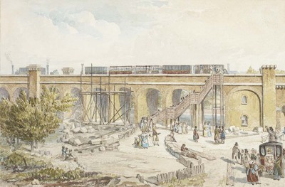 watercolour - Spa Road Temporary Terminus, London &amp; Greenwich Railway, 1836